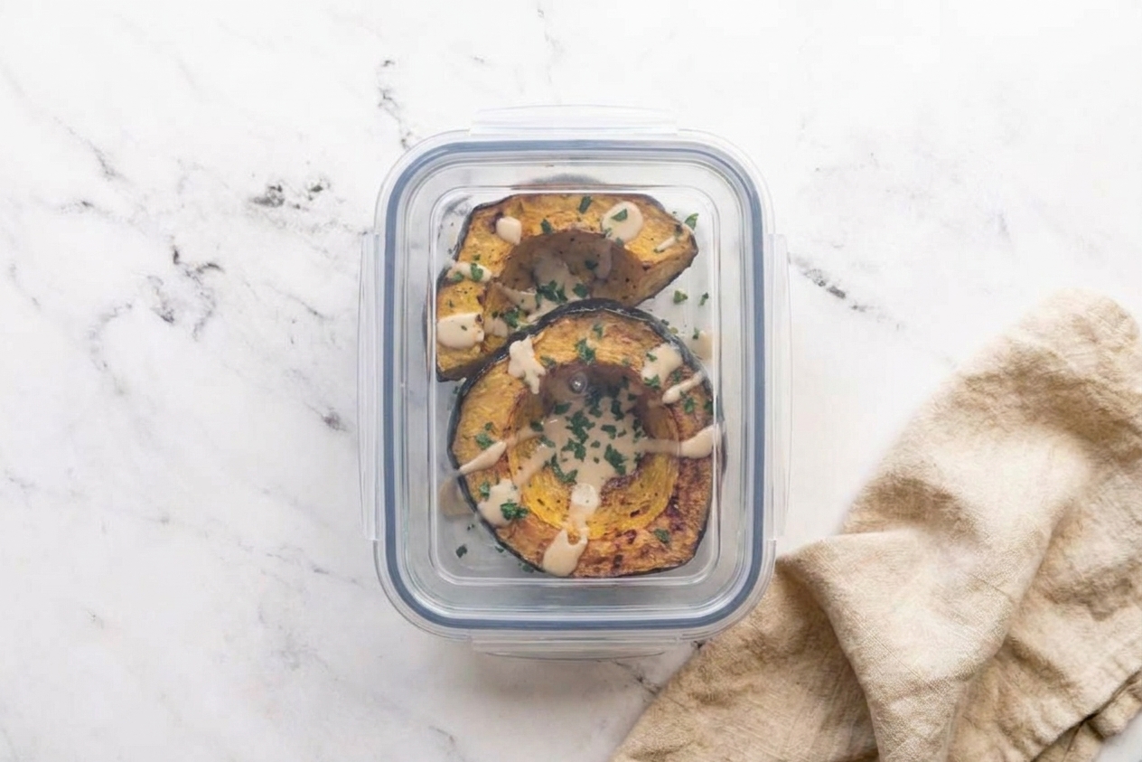 Cooked acorn squash pieces in a glass meal prep container with a snap-on lid on a kitchen counter