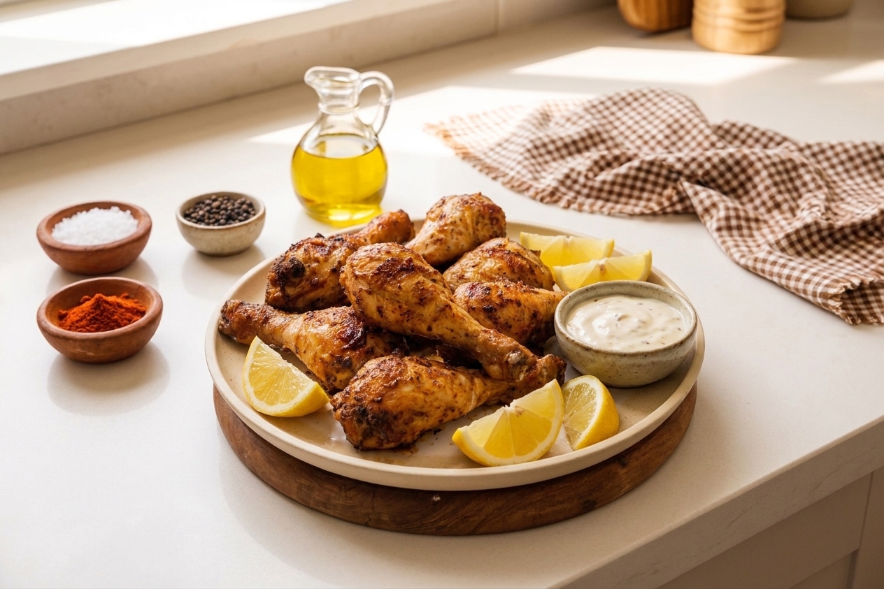 Cooked air fryer chicken drumsticks piled on a serving platter with lemon wedges and a small bowl of dipping sauce on a wooden table