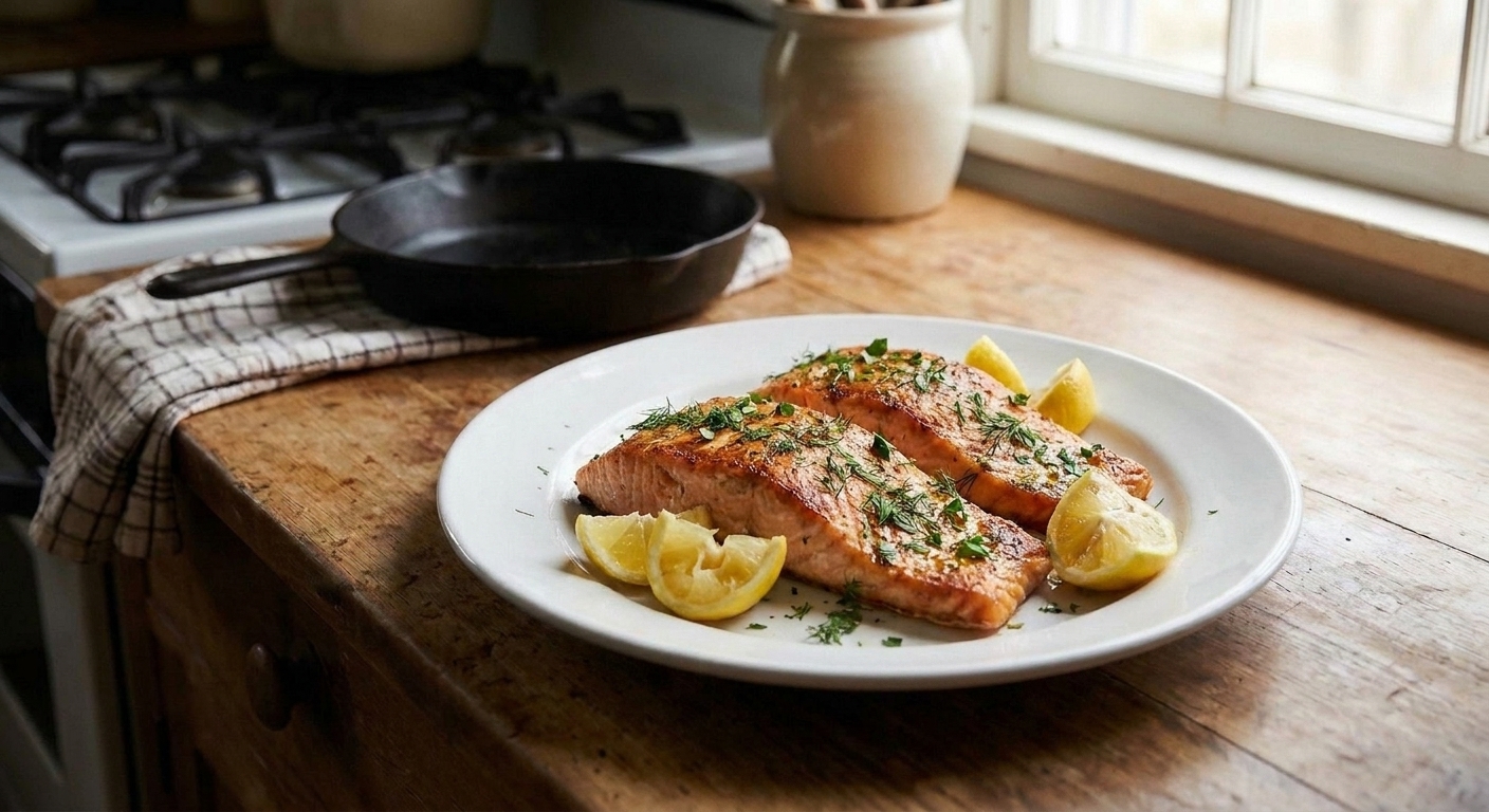 Cooked air fryer salmon on a white plate with lemon wedges and chopped herbs on a wooden table