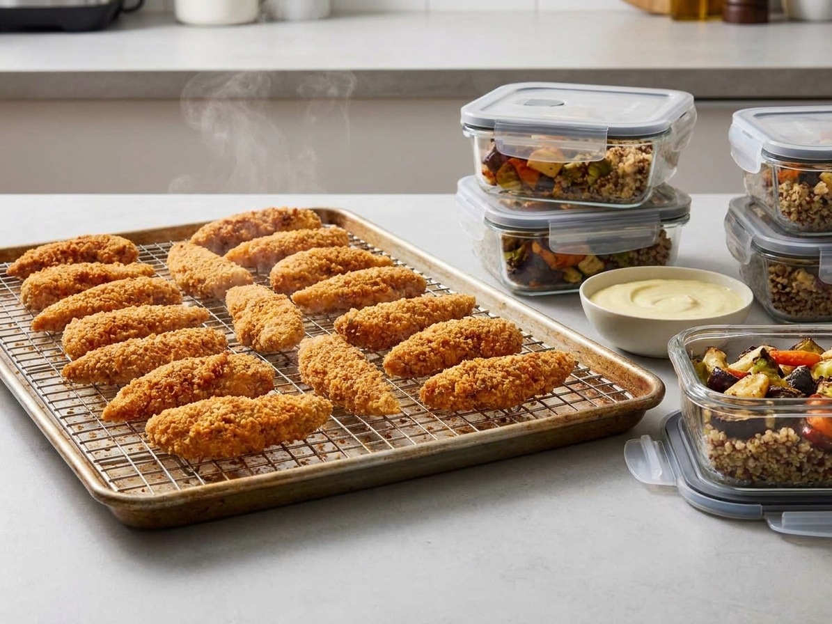 Cooked baked chicken tenders cooling on a wire rack beside meal prep containers on a kitchen counter, warm consistent lighting