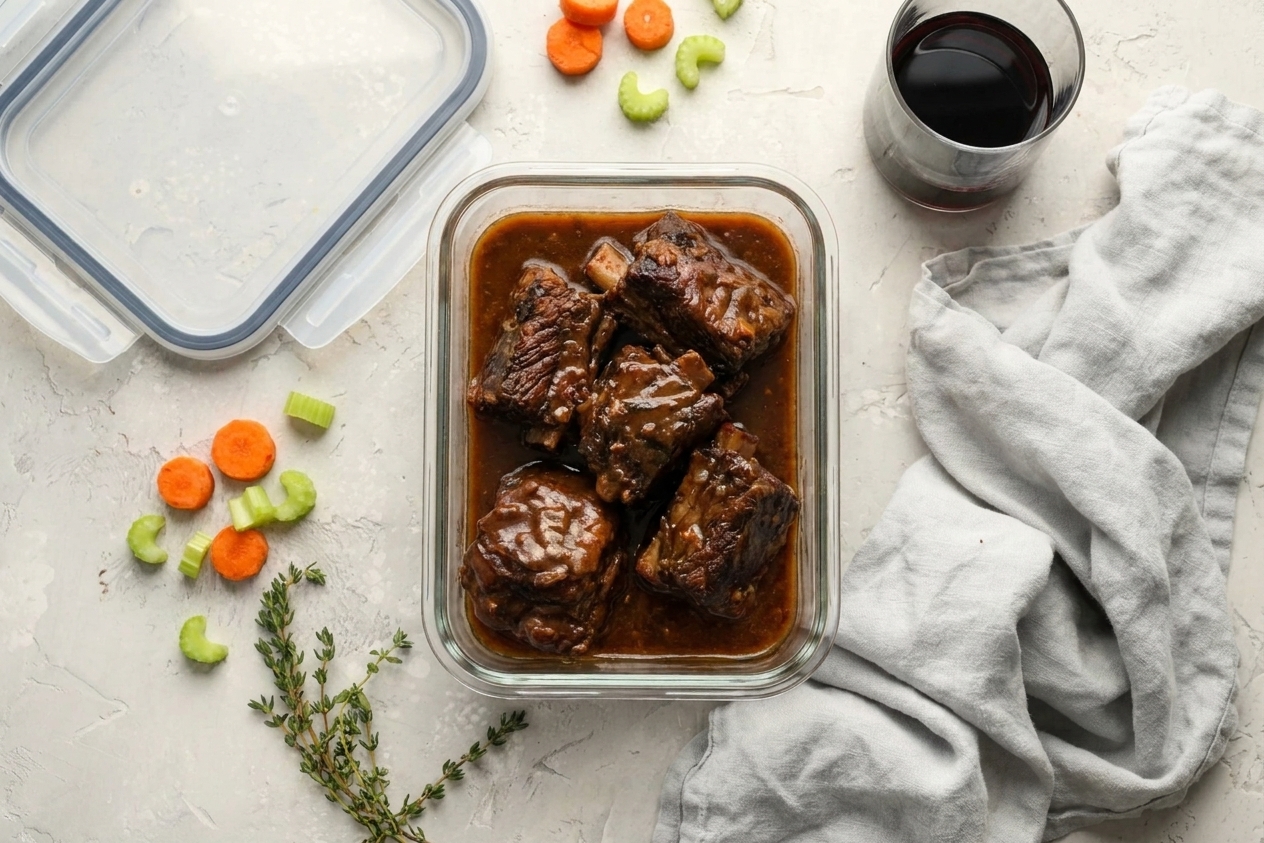 Cooked beef short ribs and gravy stored in a glass meal prep container on a kitchen counter with a lid nearby