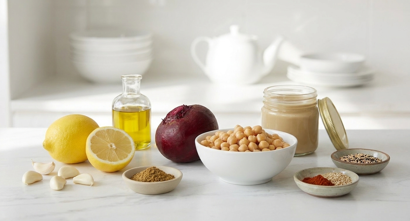 Cooked beet, canned chickpeas, tahini, lemon, garlic, olive oil, and spices arranged on a clean kitchen counter