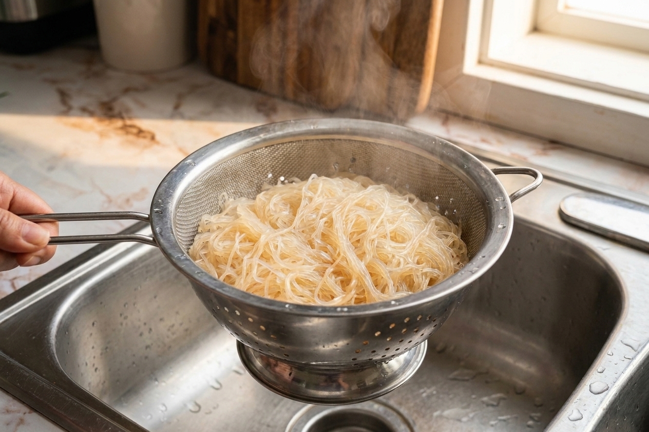Cooked bihon noodles draining in a metal colander over a sink, steam rising
