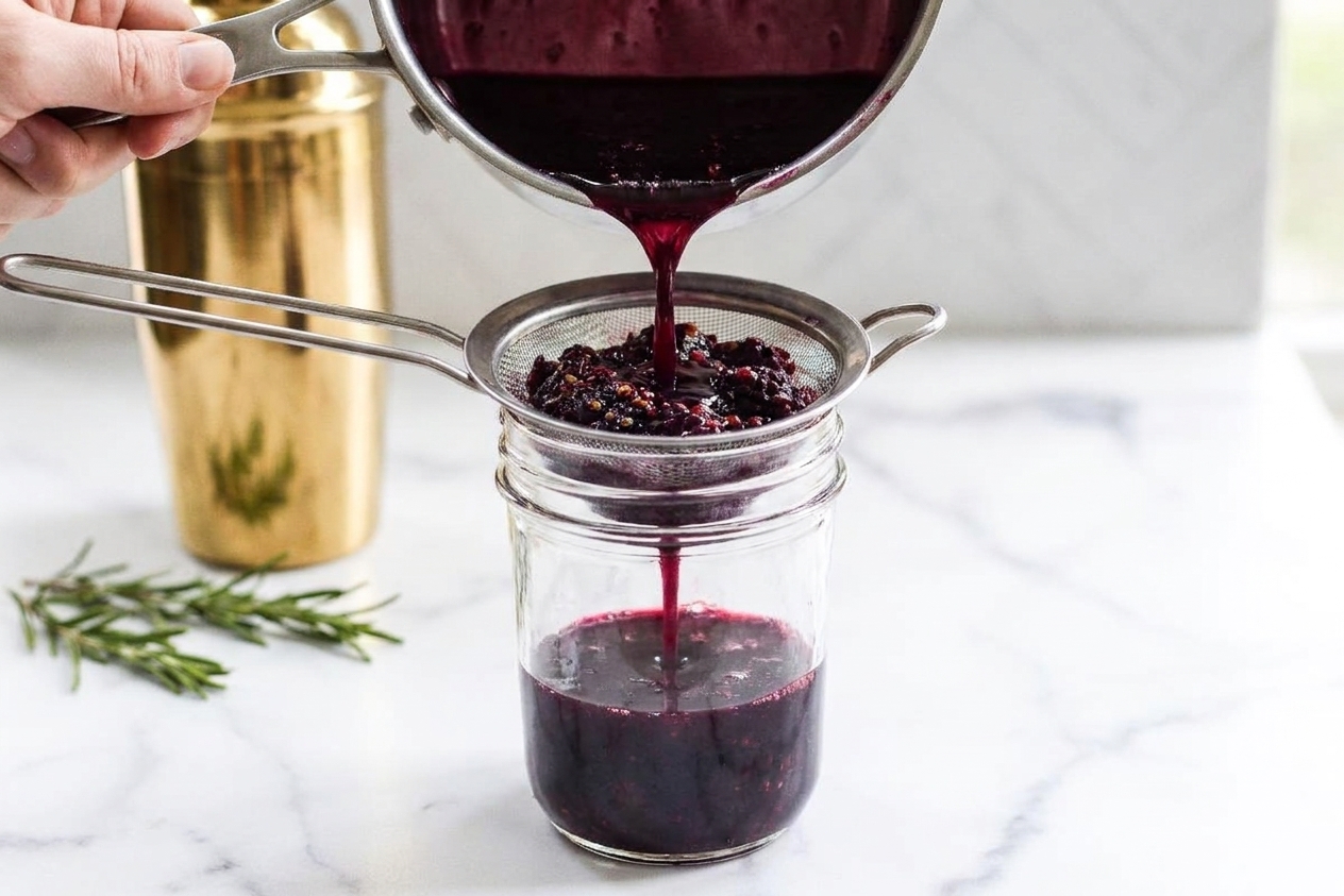 Cooked blackberry syrup being poured through a fine mesh strainer into a glass jar on a kitchen counter, with the berry solids left behind