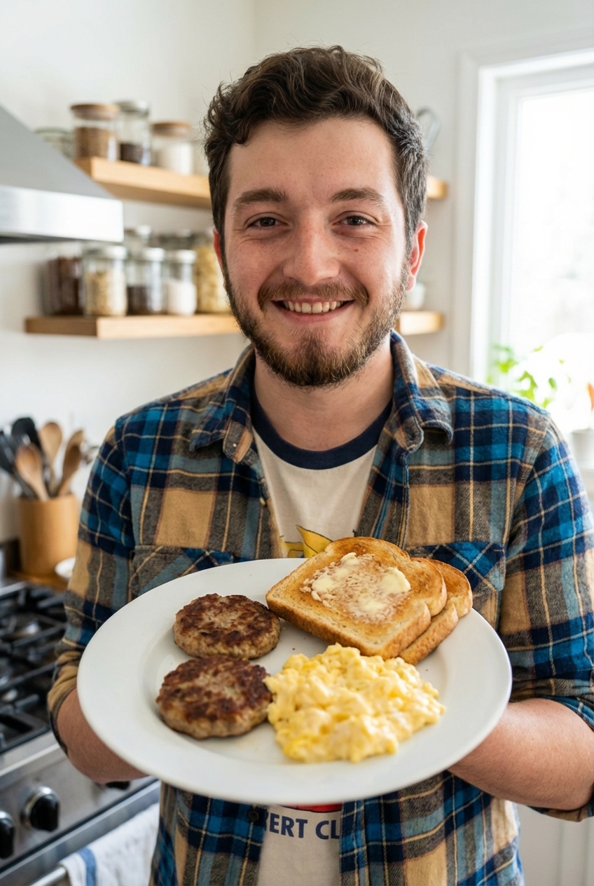 Cooked breakfast sausage patties on a plate with scrambled eggs and toast