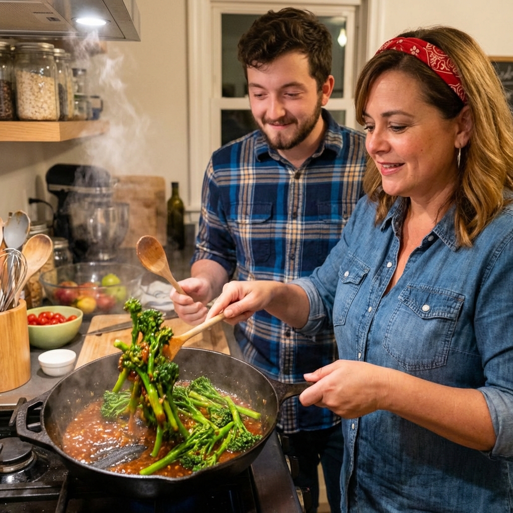 Cooked broccolini being tossed with a glossy sweet and spicy sauce in a large skillet