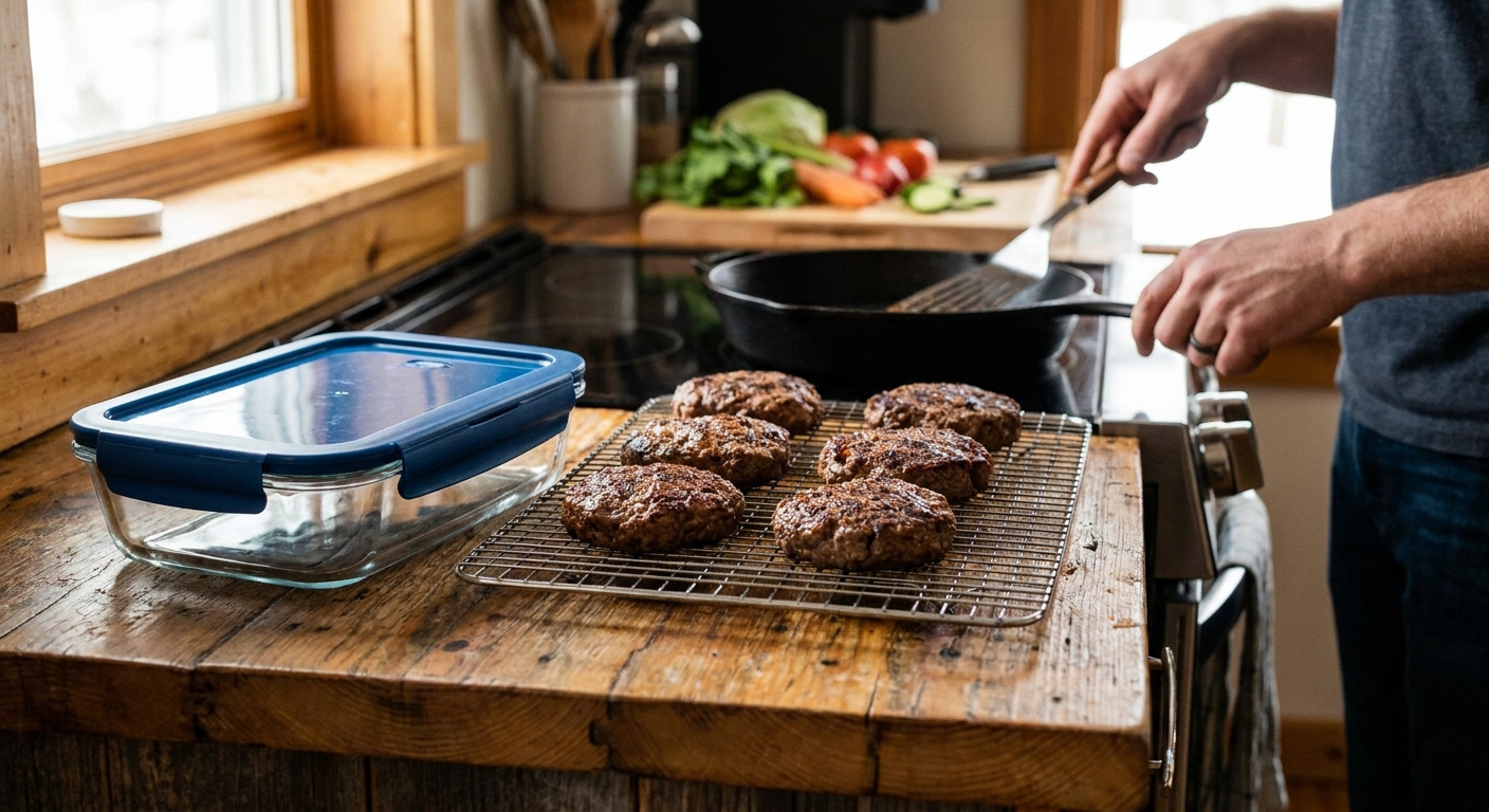 Cooked burger patties cooling next to a glass meal prep container on a kitchen counter
