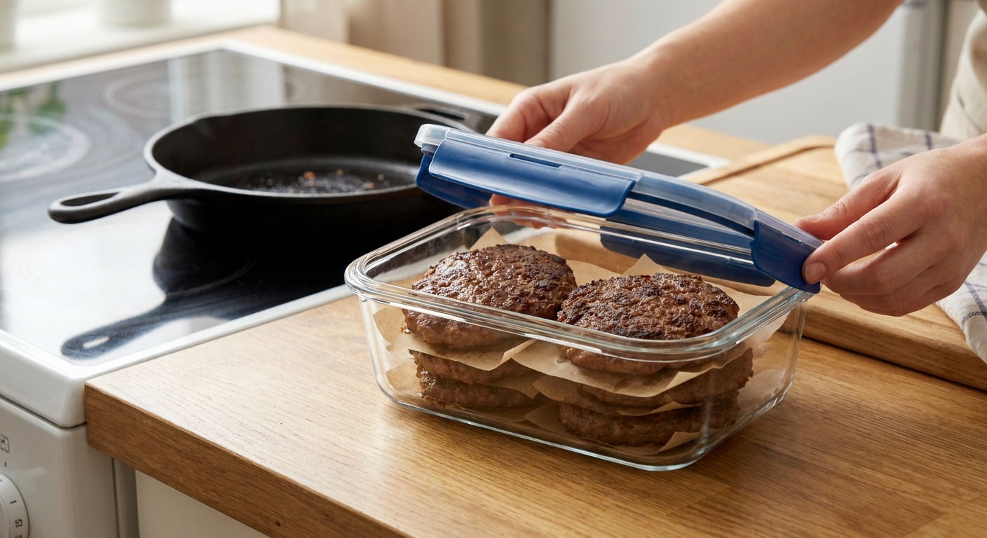Cooked burger patties resting in a glass airtight container with parchment between layers on a kitchen counter, ready to refrigerate