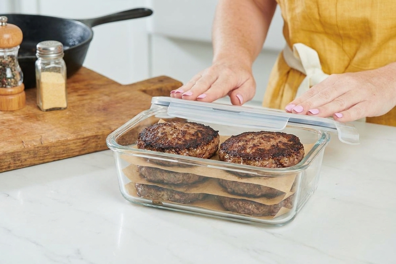 Cooked burger patties stacked in a glass meal prep container with parchment between layers on a kitchen counter