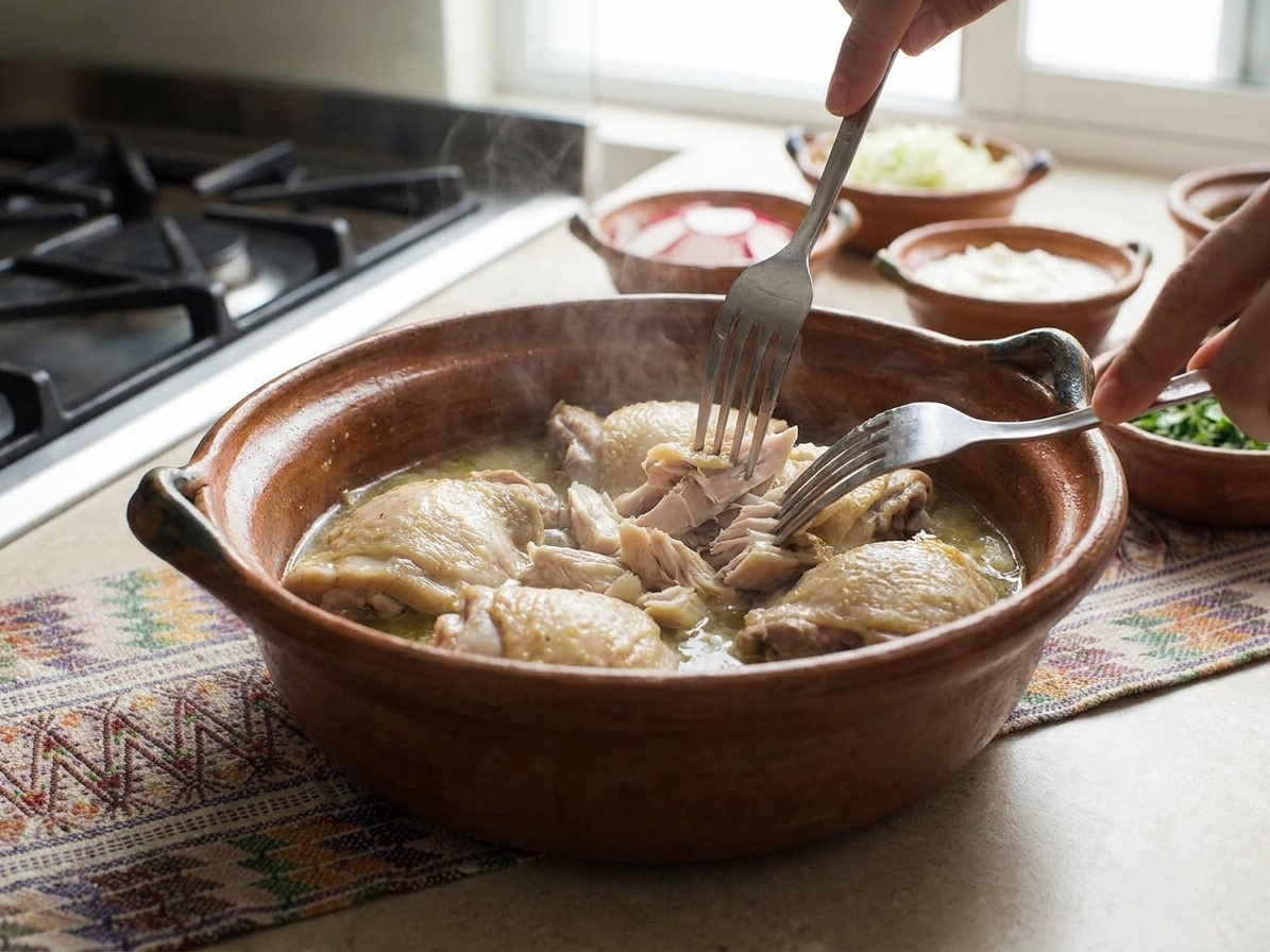 Cooked chicken being shredded with two forks in a bowl on a kitchen counter