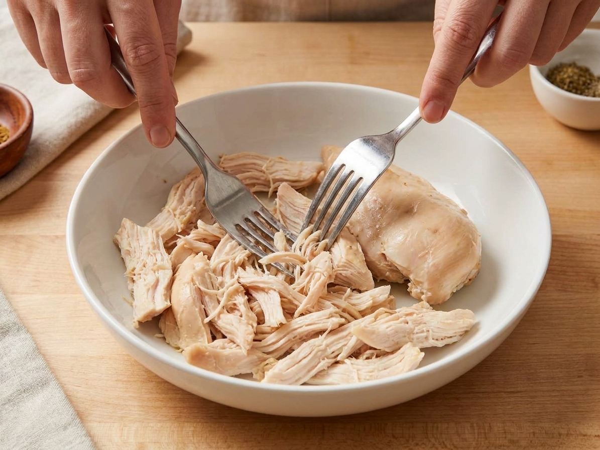 Cooked chicken being shredded with two forks in a ceramic bowl on a kitchen counter