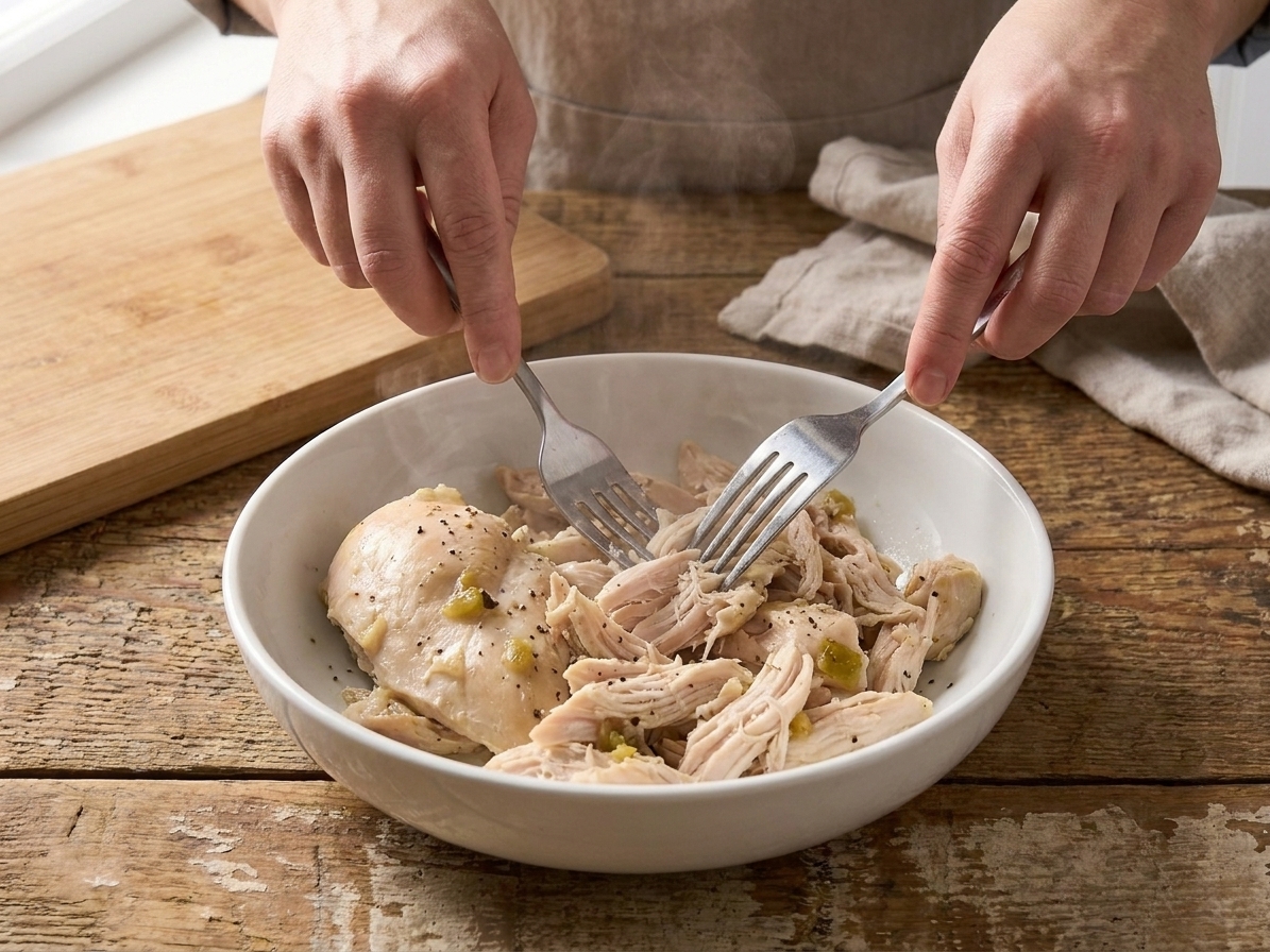Cooked chicken being shredded with two forks in a white bowl on a kitchen counter