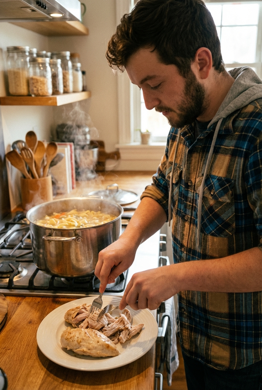 Cooked chicken being shredded with two forks on a plate next to a pot of soup