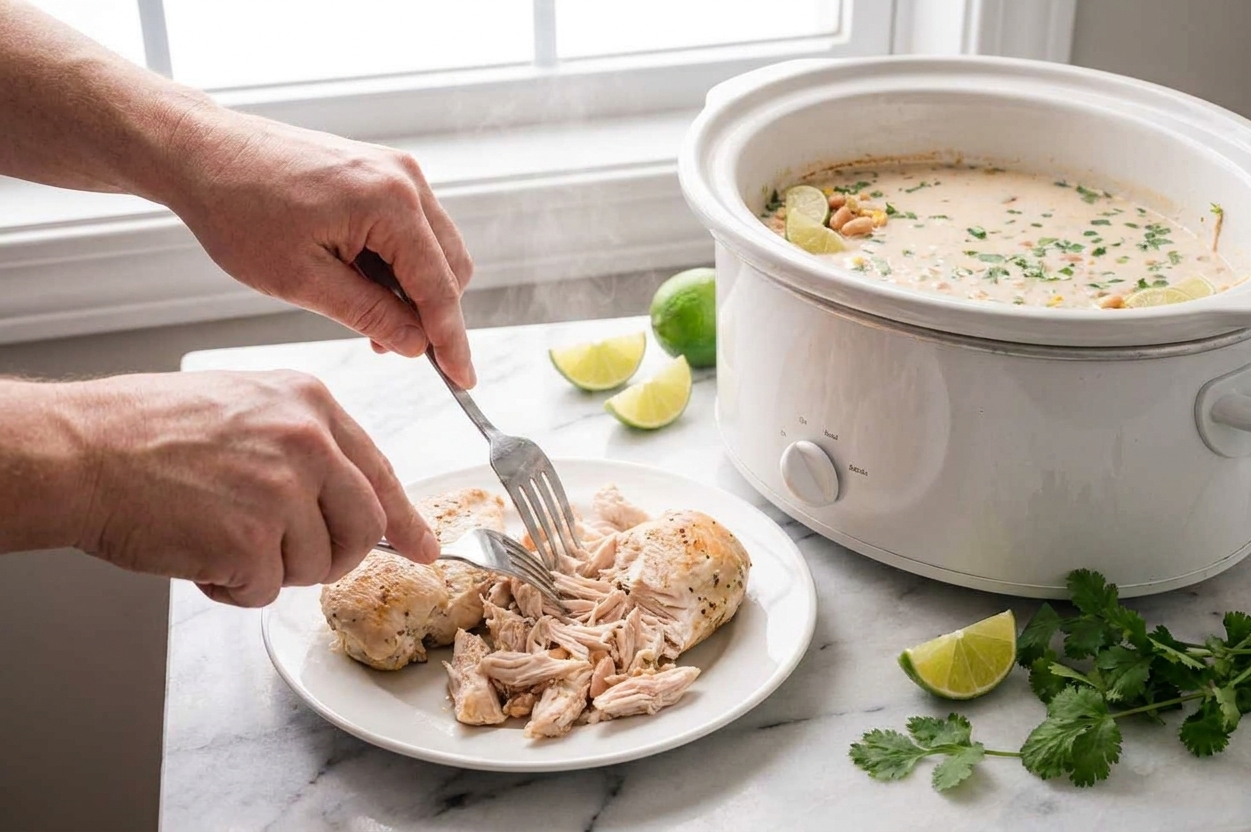 Cooked chicken being shredded with two forks on a plate beside a slow cooker