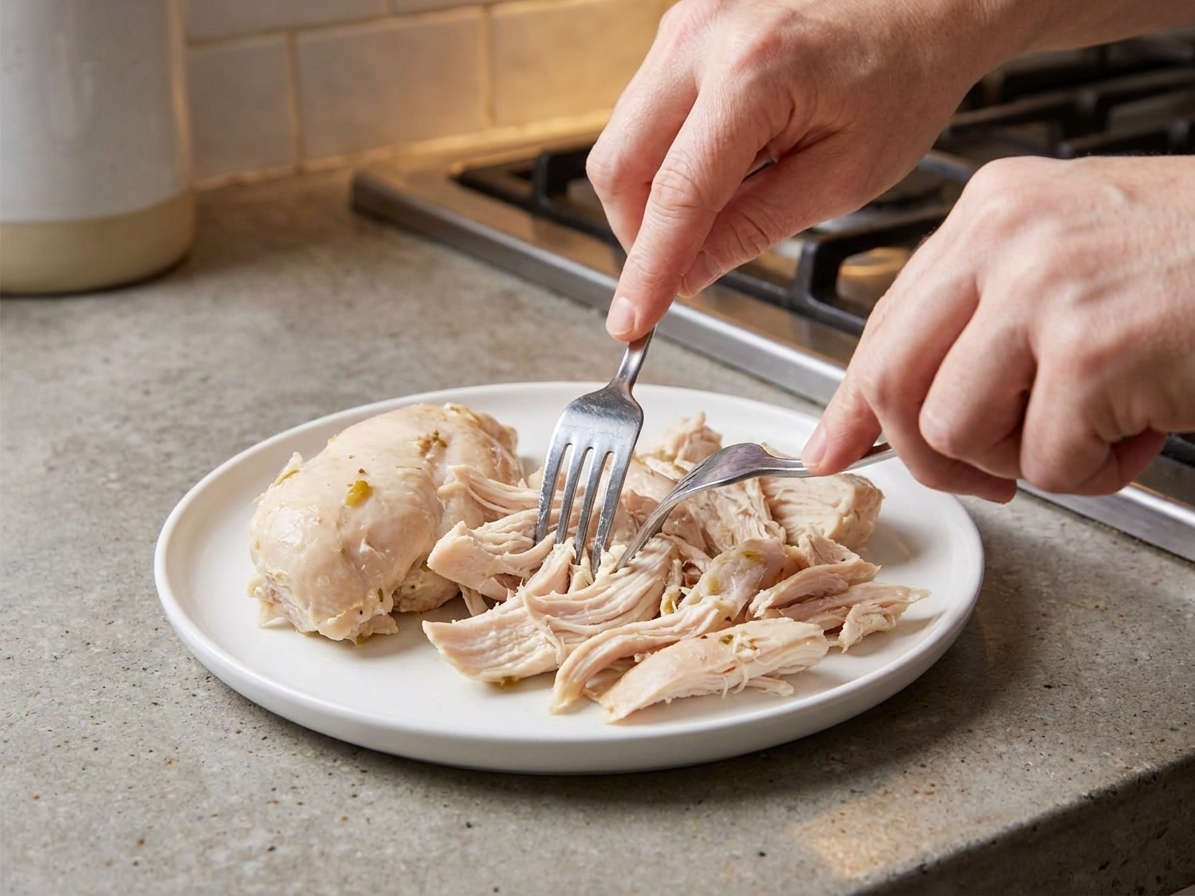 Cooked chicken being shredded with two forks on a plate on a kitchen counter