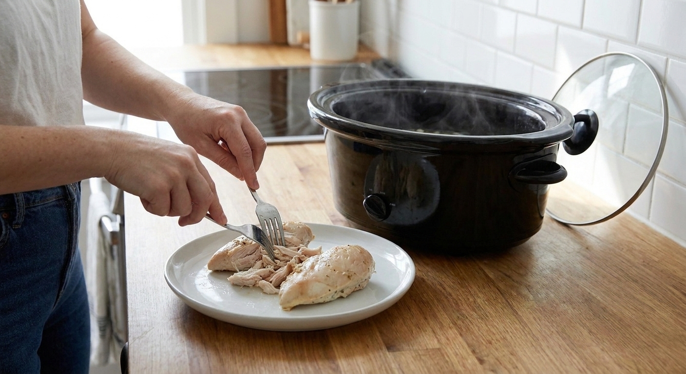 Cooked chicken being shredded with two forks on a plate next to a slow cooker in a home kitchen