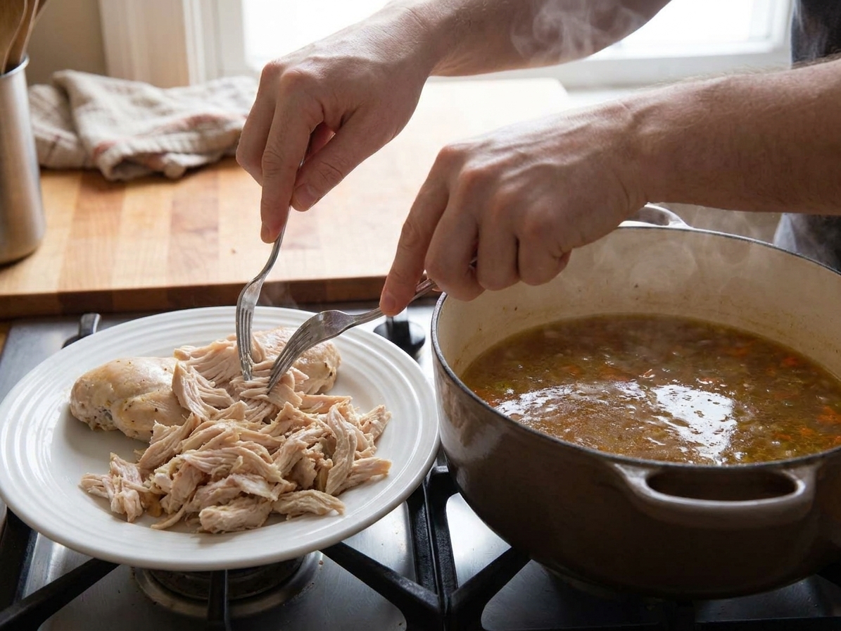 Cooked chicken being shredded with two forks on a white plate beside a pot of simmering broth