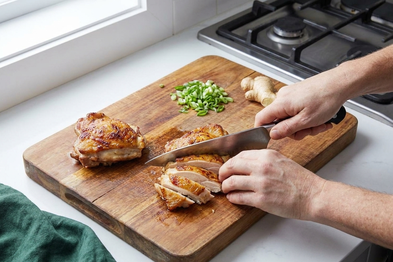 Cooked chicken being sliced on a wooden cutting board with a chef's knife, hands visible in a home kitchen setting