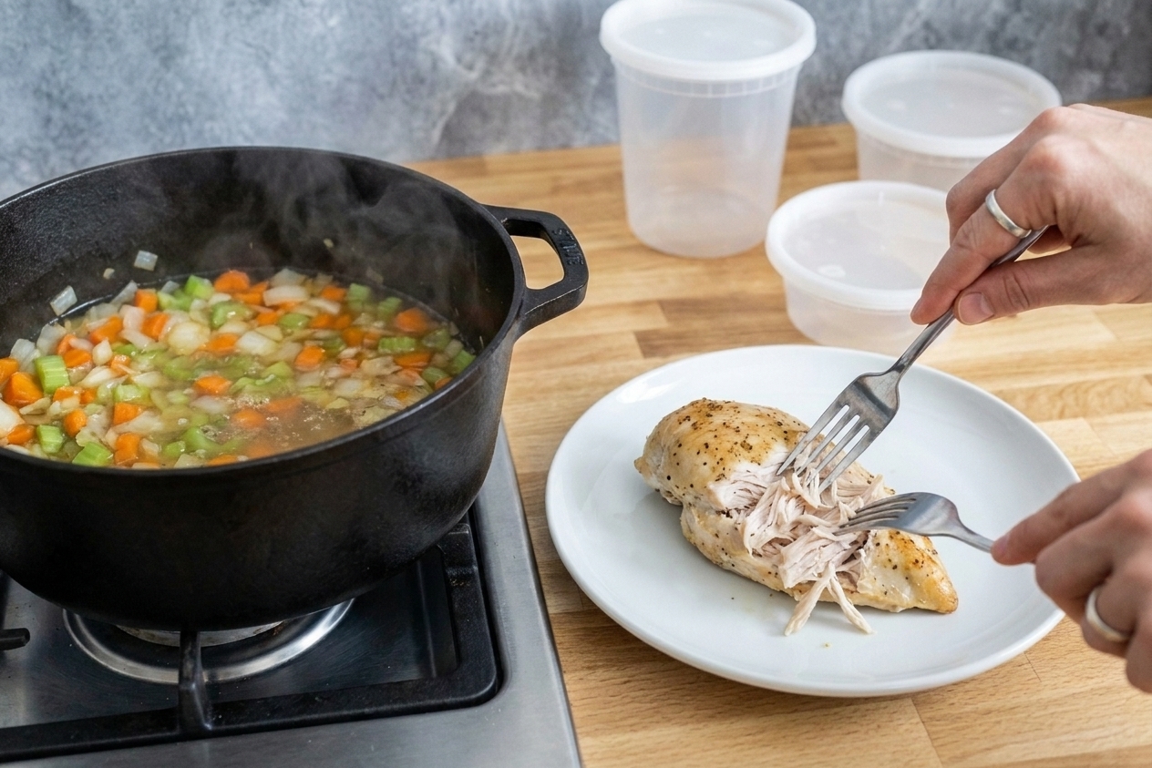 Cooked chicken breast being shredded with two forks on a plate beside a soup pot on the stove