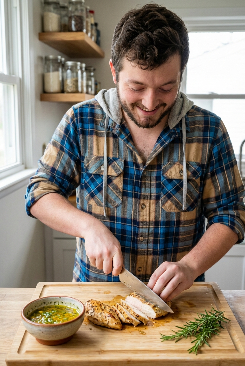 Cooked chicken breasts being sliced on a cutting board with a small bowl of citrus herb sauce
