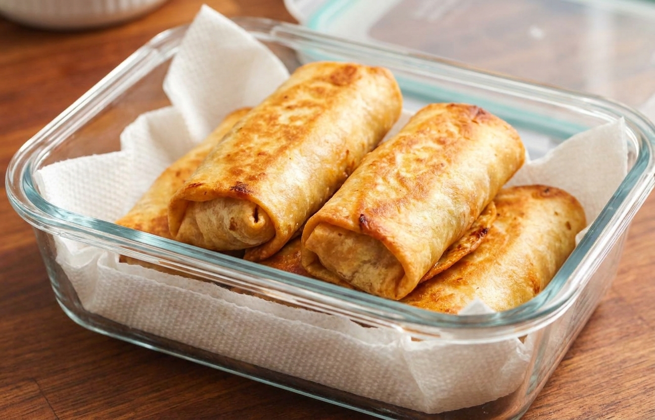 Cooked chicken chimichangas stored in a glass airtight container lined with paper towel on a kitchen counter