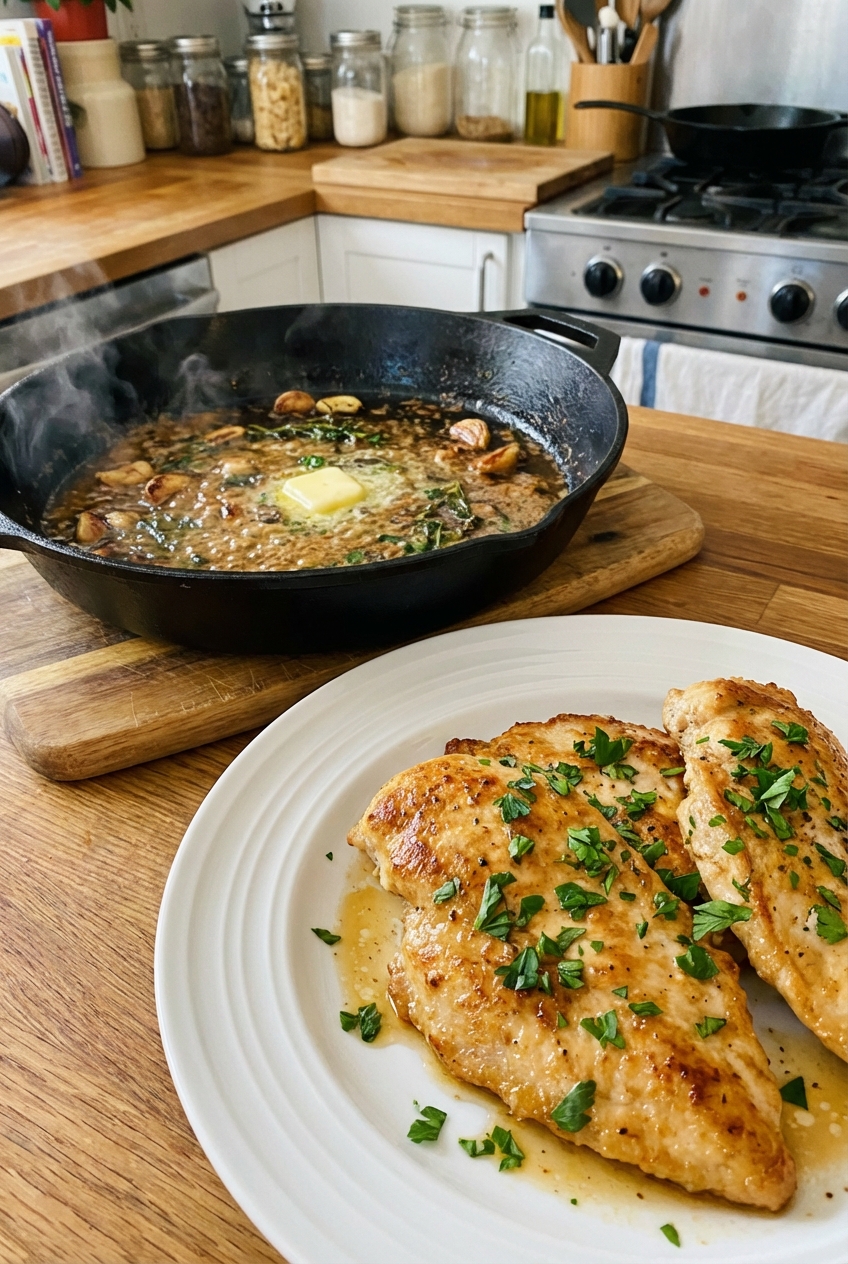 Cooked chicken cutlets resting on a plate next to a skillet with bubbling pan sauce and garlic