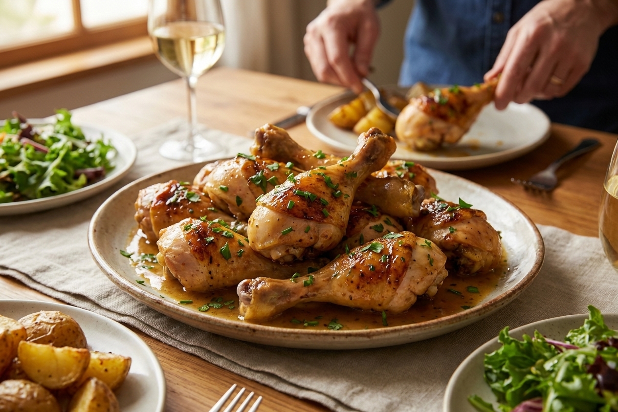 Cooked chicken drumsticks on a serving platter with glossy sauce and a sprinkle of chopped herbs on a dining table