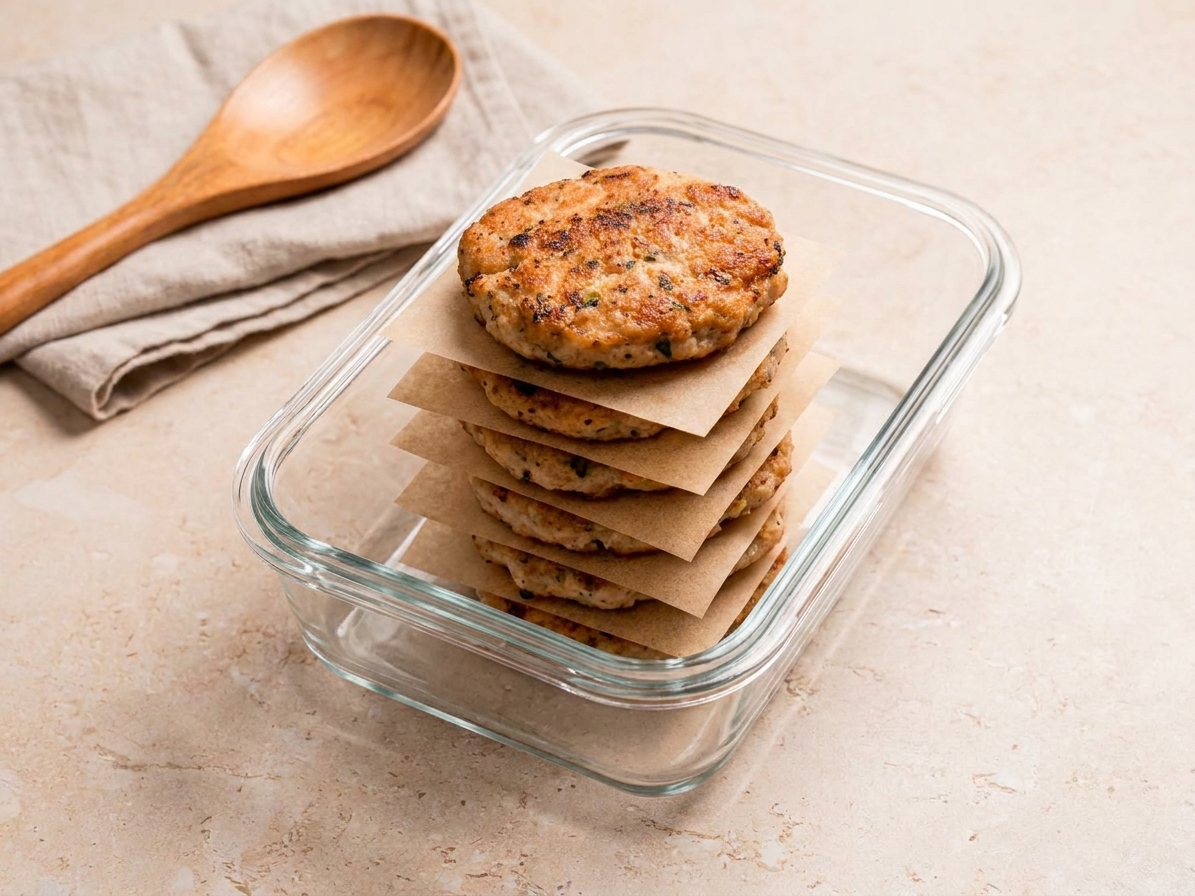 Cooked chicken patties stacked in a glass meal prep container with parchment paper between layers on a kitchen counter