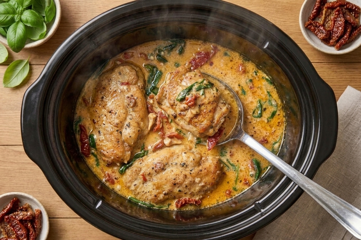 Cooked chicken returned to a slow cooker filled with creamy sun-dried tomato Parmesan sauce, ready to serve