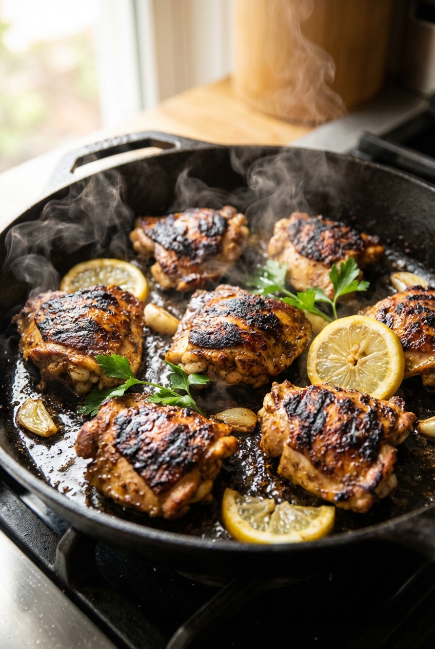 Cooked chicken shawarma thighs sizzling in a cast iron skillet with browned, charred edges
