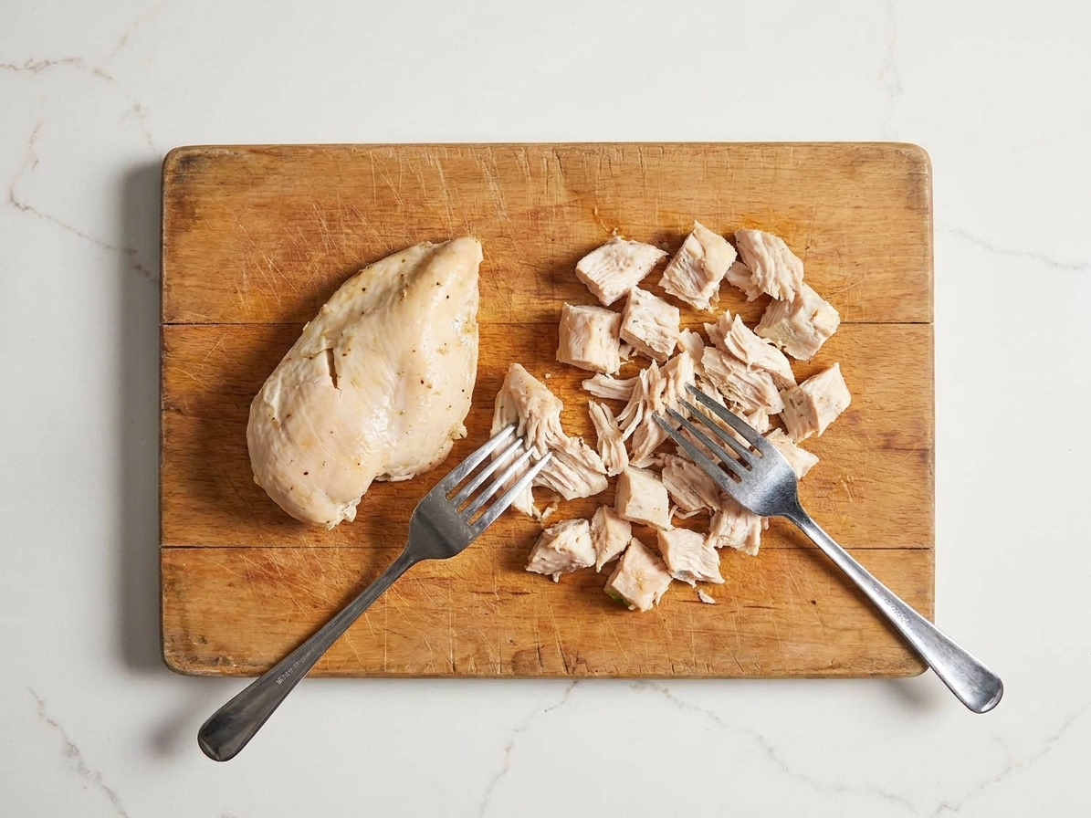 Cooked chicken shredded into bite-size pieces with two forks on a cutting board