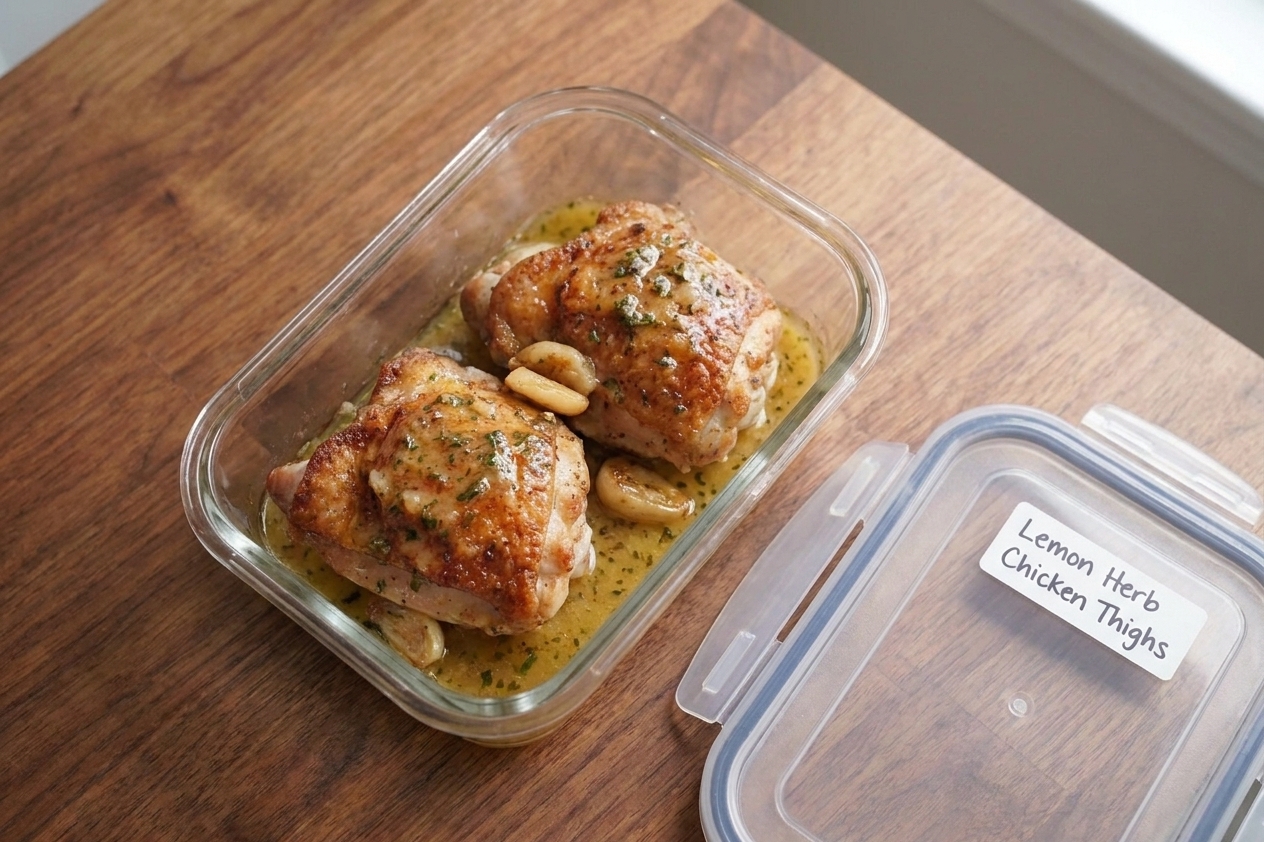 Cooked chicken thighs and pan sauce stored in a glass meal prep container on a kitchen counter next to a labeled lid