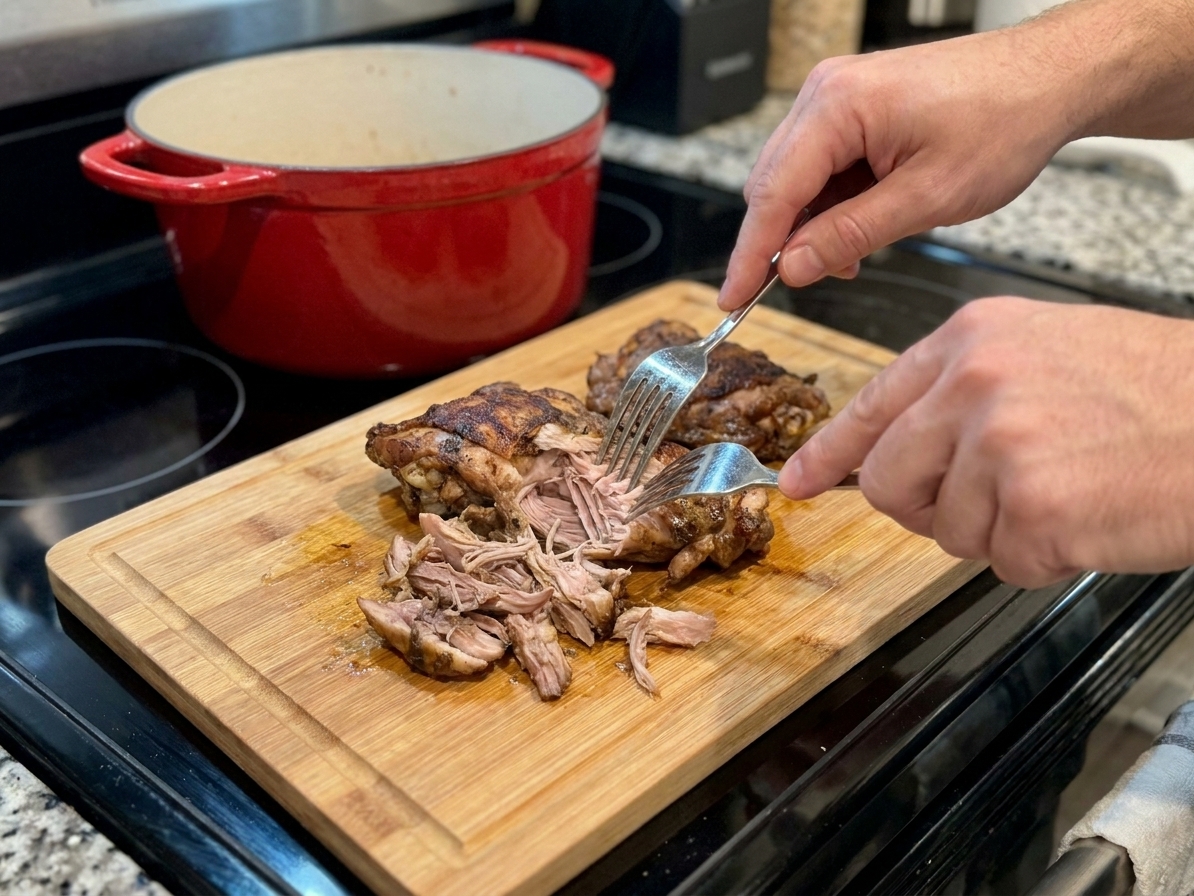 Cooked chicken thighs being shredded with two forks on a cutting board for adding back into gumbo