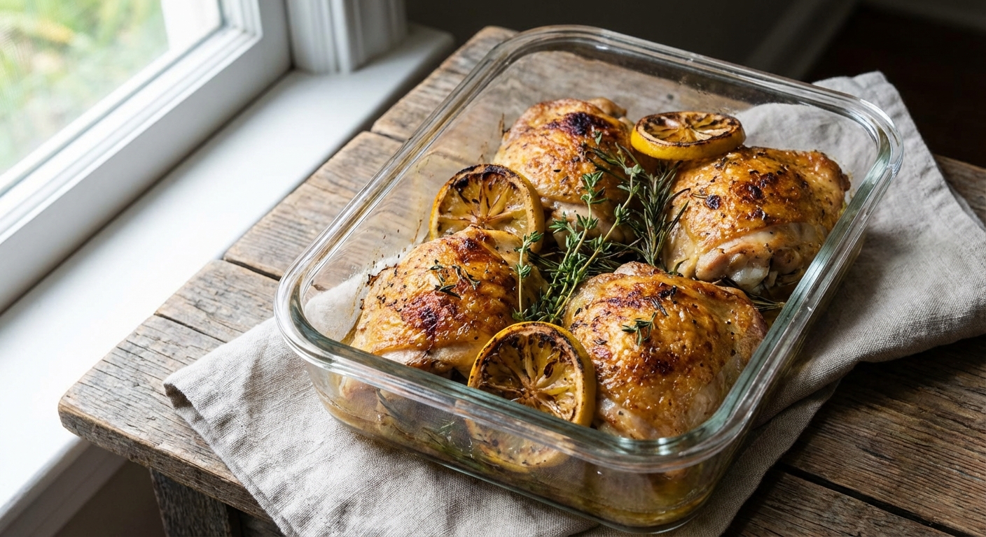 Cooked chicken thighs stored in a glass container with lemon slices