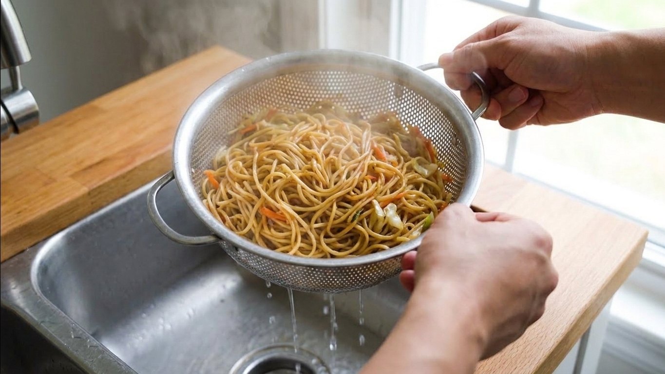 Cooked chow mein noodles being drained in a colander over a sink with steam rising