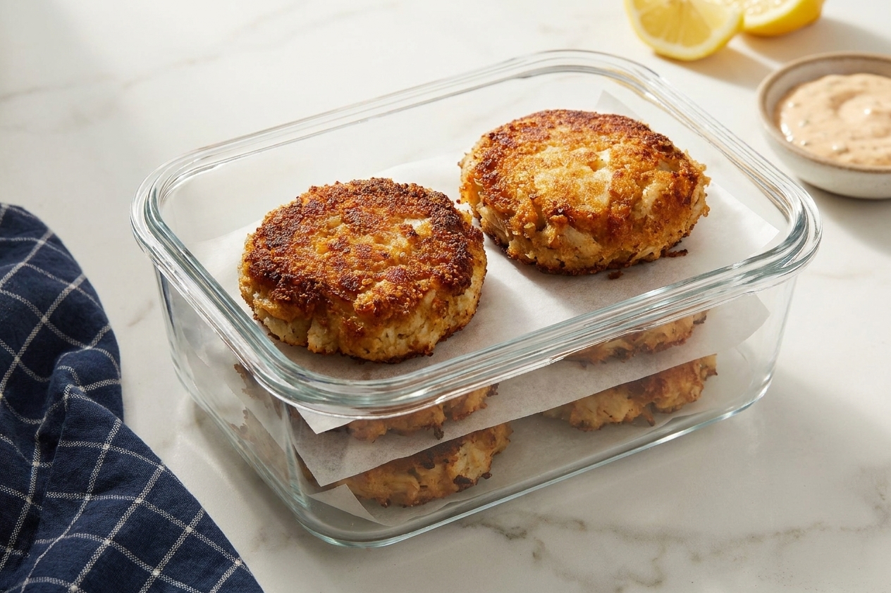 Cooked crab cakes stored in a clear airtight container with parchment paper between layers on a kitchen counter