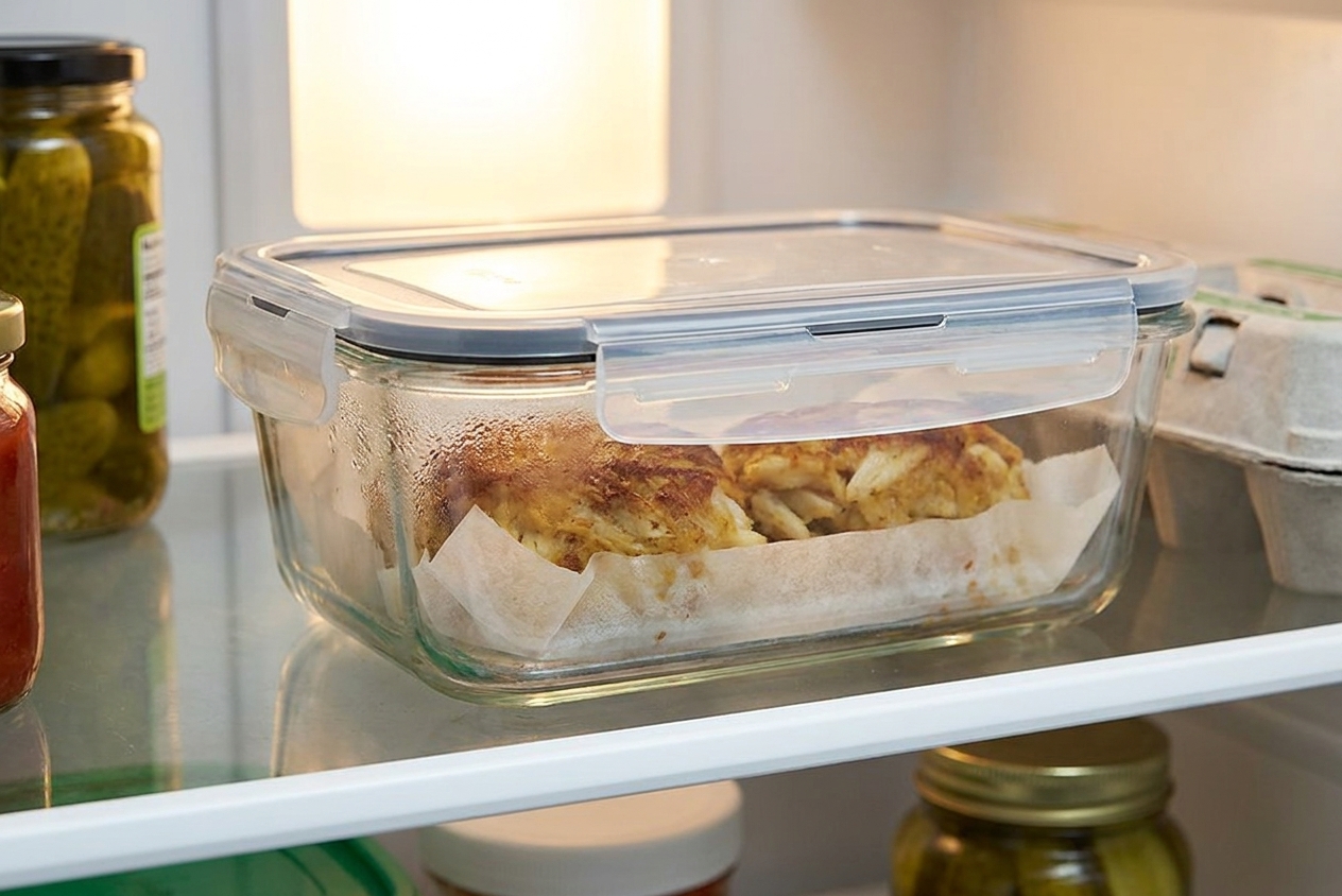 Cooked crab cakes stored in a glass airtight container lined with parchment on a refrigerator shelf