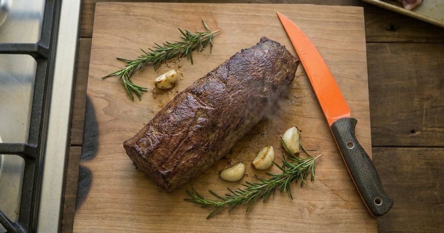 Cooked deer backstrap resting on a wooden cutting board with rosemary sprigs nearby under warm kitchen lighting