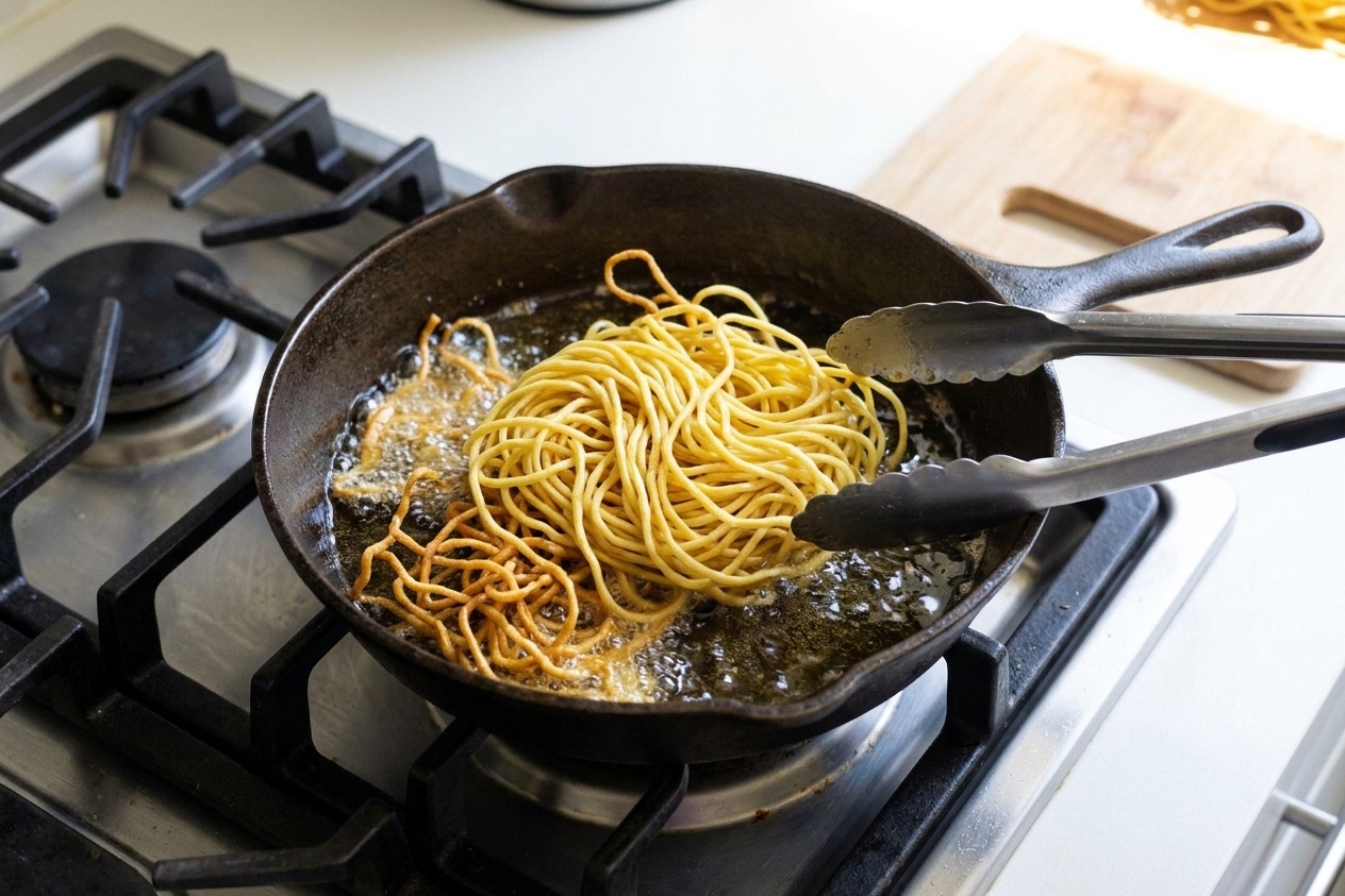 Cooked egg noodles frying in a small skillet of hot oil on a stovetop, turning golden and crisp