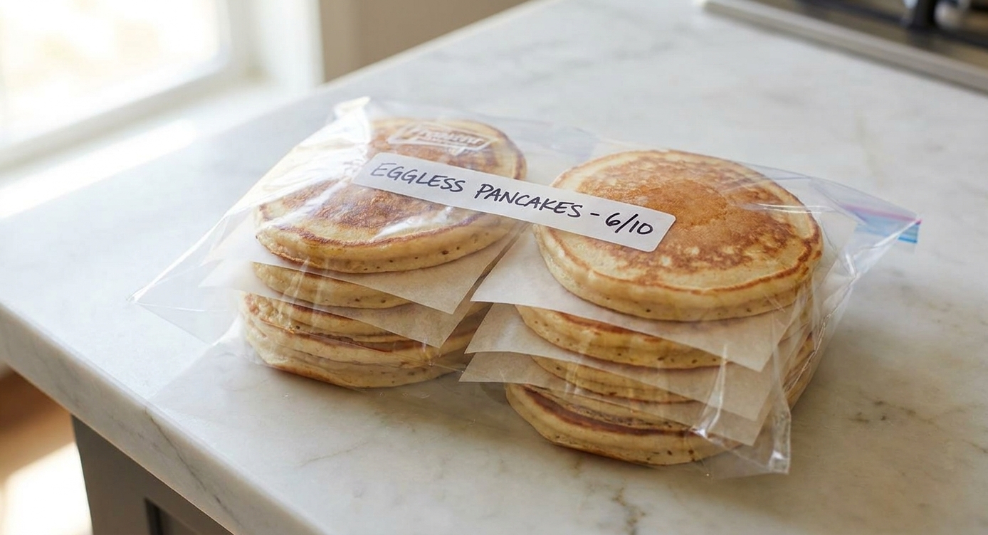 Cooked eggless pancakes stacked with parchment paper inside a labeled freezer bag on a kitchen counter