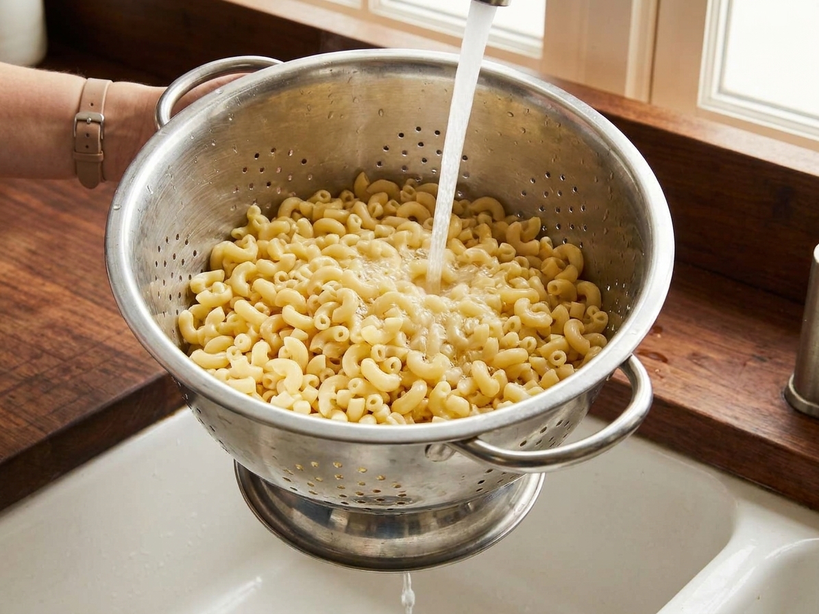 Cooked elbow macaroni being rinsed under cool running water in a colander over a kitchen sink