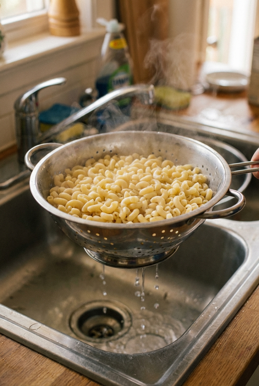 Cooked elbow macaroni draining in a colander over a sink