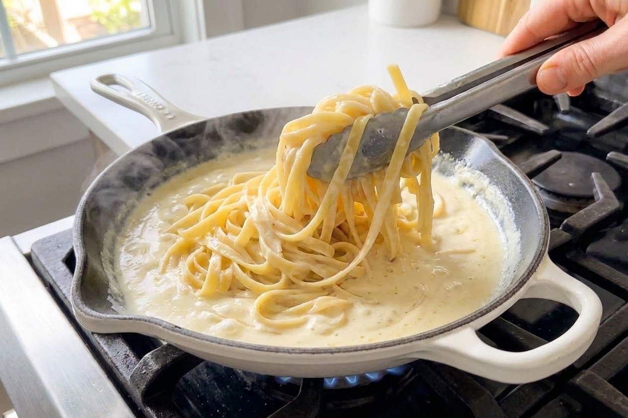 Cooked fettuccine being tossed in a skillet with creamy Alfredo sauce using tongs, close-up on the stovetop