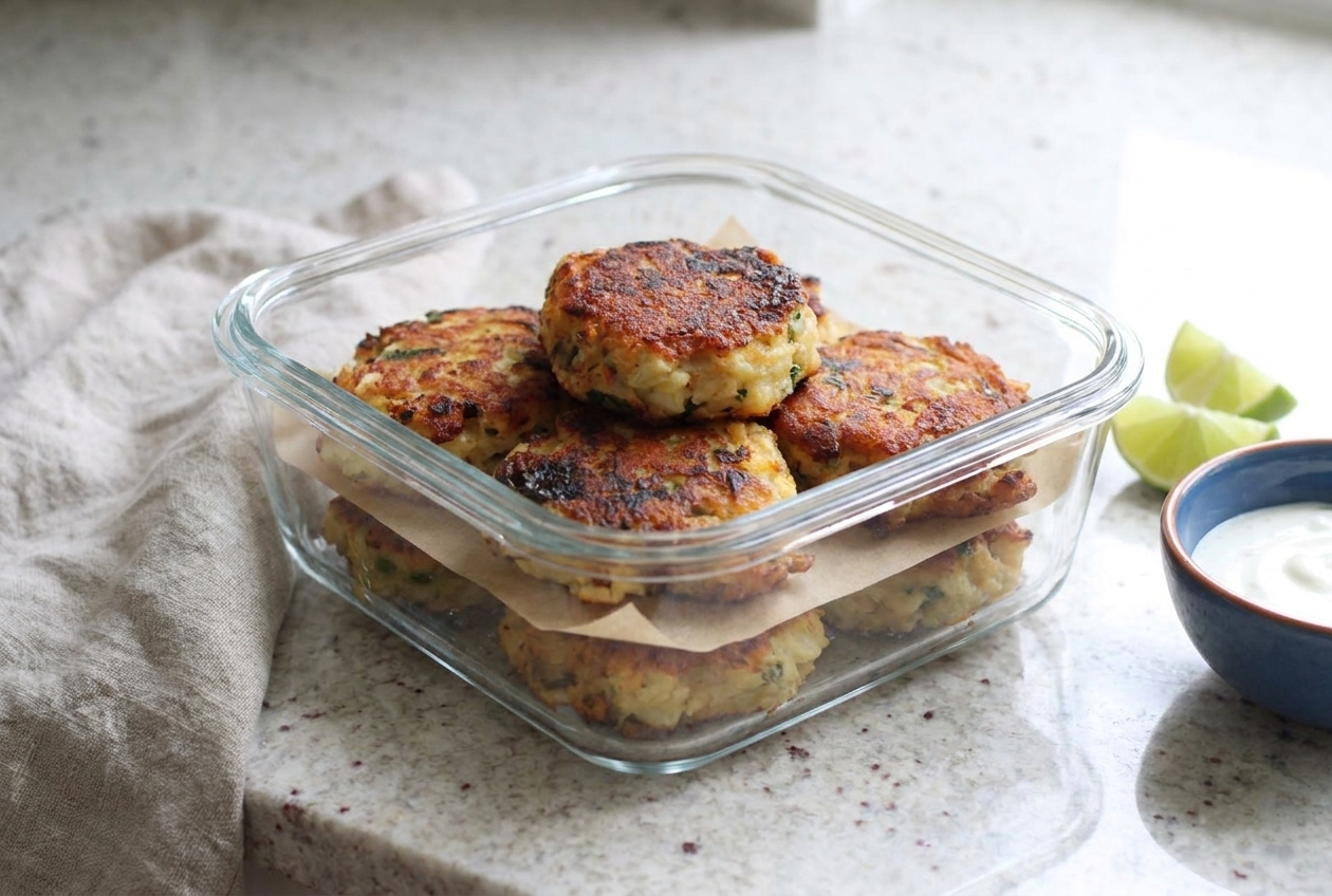 Cooked fishcakes stacked in a glass meal prep container with parchment paper between layers on a kitchen counter