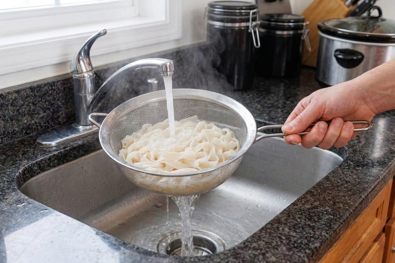 Cooked flat rice noodles being rinsed in a colander under running water at a kitchen sink
