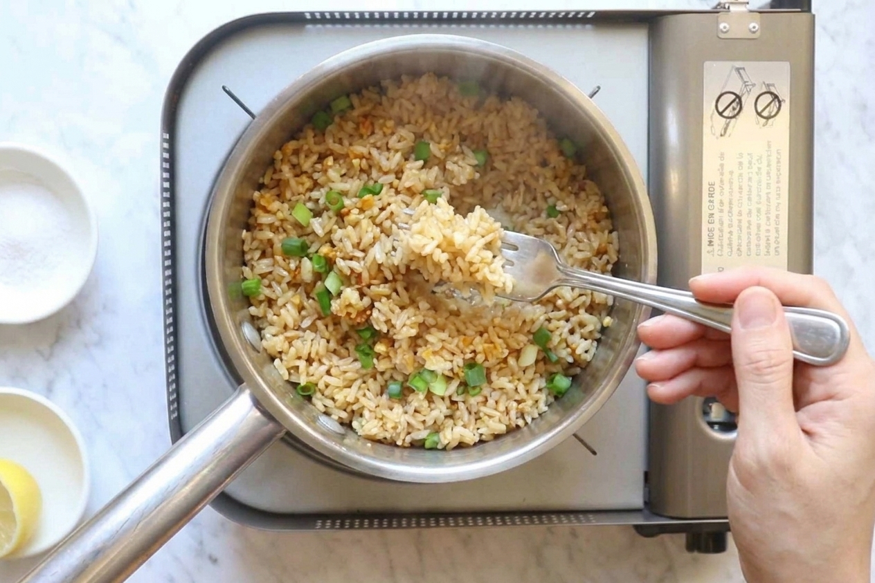 Cooked garlic rice being fluffed with a fork inside a saucepan, showing separate fluffy grains