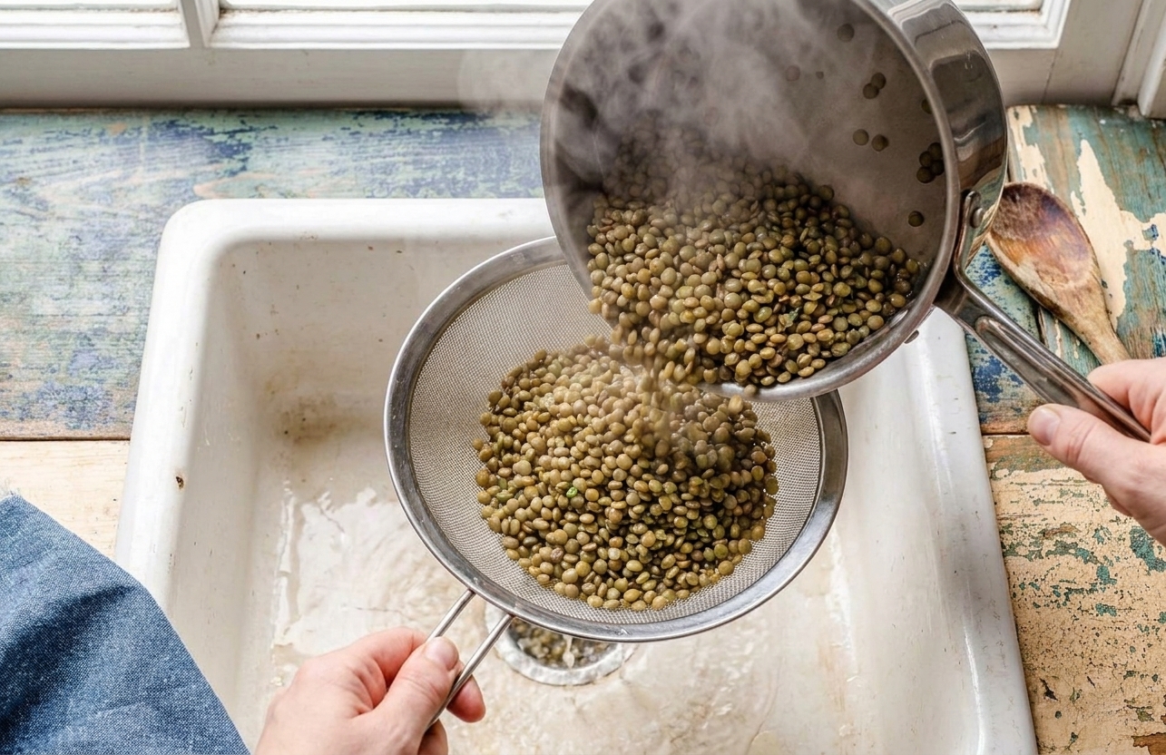 Cooked green lentils being poured into a fine-mesh strainer over a sink to drain, with steam rising