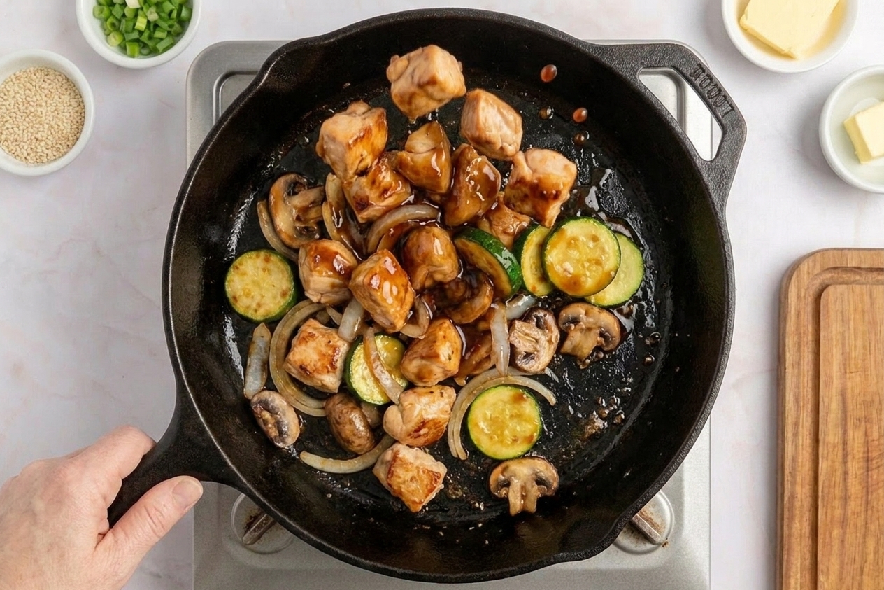 Cooked hibachi-style chicken and vegetables being tossed together in a skillet as a shiny sauce coats everything