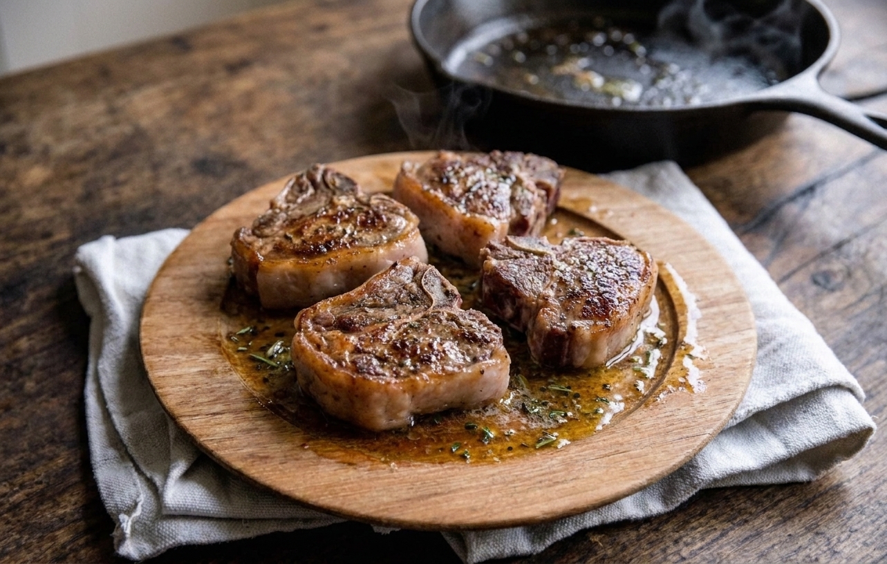 Cooked lamb loin chops resting on a cutting board with a small pool of juices and a skillet in the background