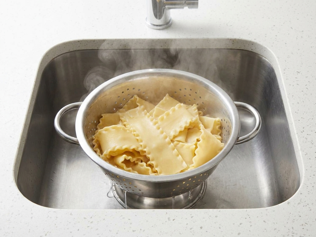 Cooked lasagna noodles draining in a colander in a kitchen sink with steam rising